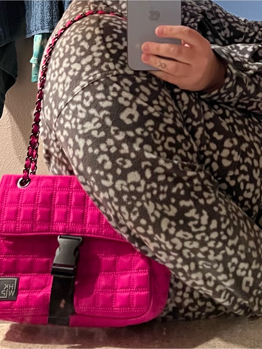 Hot Pink Quilted Shoulder Bag with Chain Strap - Picture 8 of 8